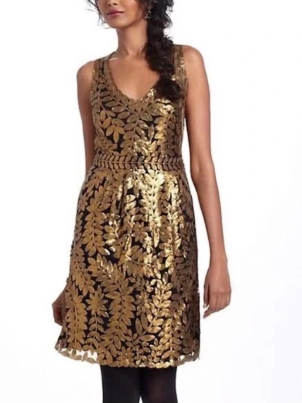 Anthropologie Gold Leaf-Embroidered Black Sleeveless Cocktail Dess